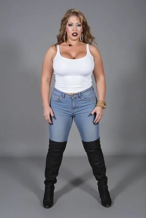 Mature woman standing posing  . Tall Thick body woman wearing sky blue denim jeans and velvet black high boots. .heavy black lipstick. thick long hair like medusa .Confident look on face and strong body . grey background photoshoot studio. full body shadow...