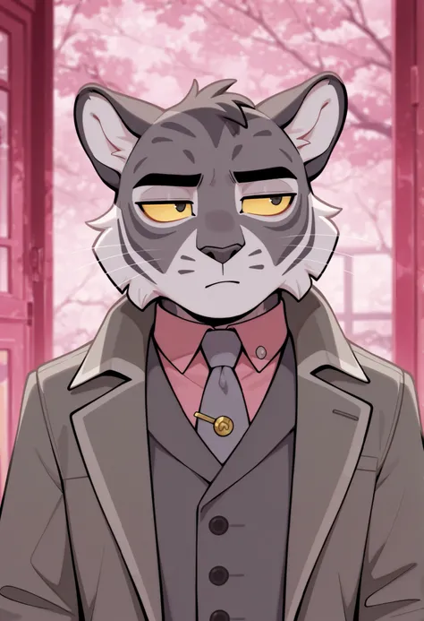 on model, screencap, flat color, pink hue, 1boy, male, solo, tiger, grey fur, grey nose, yellow sclera, grey necktie, grey overcoat, grey vest, tie pin, countershading, white fur, expressionless, bored, ears to side, closed mouth, looking ahead, blurry bac...