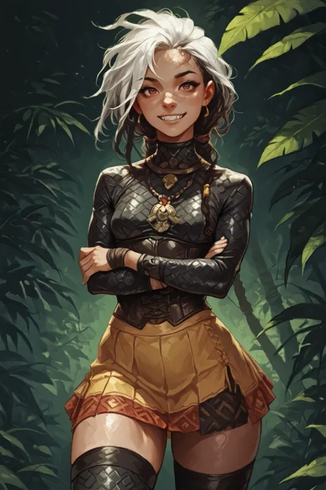 She looks like Elena from Street Fighter and has a horizontal scar across her nose. Inca girl with white and dark dreadlocks and ponytail, deep red-coloured eyes, slanted Asian eyes, sharp canine teeth, black eyeliner, athletic body and soft abs. Slender a...