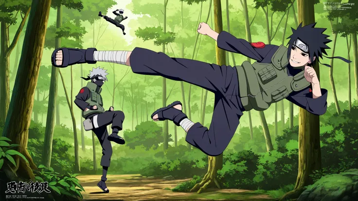  1 boy,Wearing a white Kabuki mask((( Take jumping kick,side view ))), anime characters in green vests and black pants standing in a forest, itatchi uchiha, kakashi hatake, kakashi, sasuke uchiha, choke smirk smile grin, itachi uchiha, itachi, detailed ani...