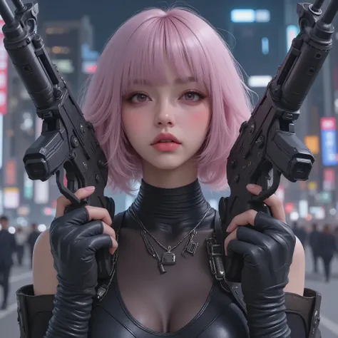 Photo Real、realistic skin texture、tight cyberpunk fashion、Fluffy Shoulder-Length Hair、dim cyberpunk city、beautiful pink eyes、pink hair、Assault Rifles that can handle 2 at the same time