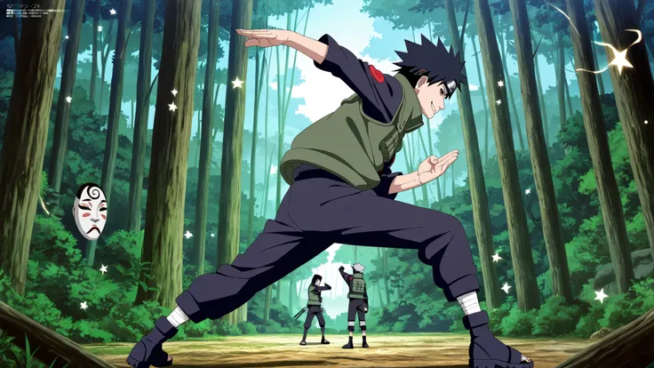  1 boy,Wearing a white Kabuki mask((( Take a fighting stance ,Throwing stars,side view ))), anime characters in green vests and black pants standing in a forest, itatchi uchiha, kakashi hatake, kakashi, sasuke uchiha, choke smirk smile grin, itachi uchiha,...