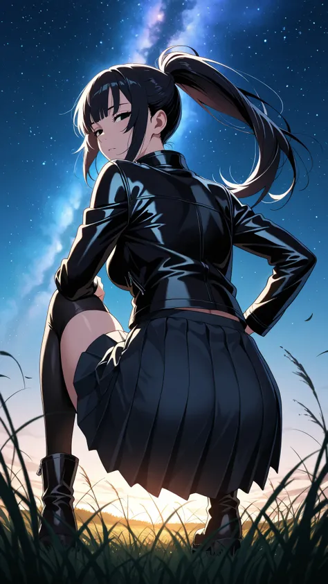 BREAK (masterpiece:1.2),Anime-style vast open meadow at night, tall grass swaying in the wind, sky filled with the Milky Way glowing brightly, countless stars above, peaceful and dreamy atmosphere, no people,narberal gamma, black hair, high ponytail, long ...