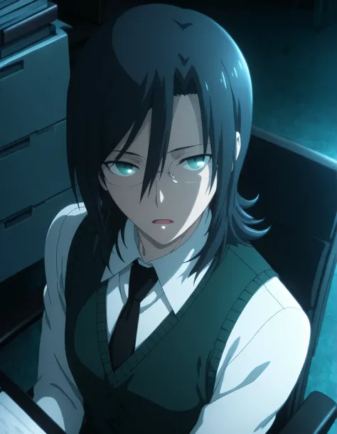 <lora:KnK_aozaki_toukoXLIllustrious001>,
masterpiece,best quality,good quality,newest, detailed face, from above,
office, dark , ,
, light open mouth,
looking at viewer,
solo,
anime coloring,
aozaki_touko\(kara_no_kyoukai\),1girl,(flipped hair),(black hair...