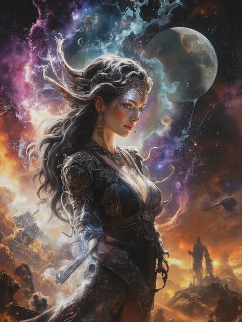 Create a surreal vibrantly and exauisitely expressed depiction of a Goddess of Magic taking the form of an Exotic european looking girl in her early 20's, sensational curvy body, with skin and hair blending blazing white energy and black smoky darkness, ,...