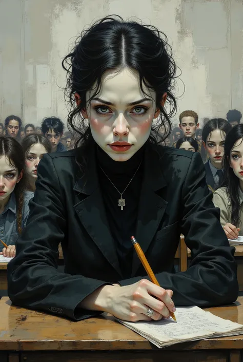 An austere teacher, the center of a silent storm in a classroom. Her aloofness is a palpable force. The students are rendered in quick, sketchy lines, their wide eyes fixed on her. She is detailed, hyper-realistic, carved from light and shadow, while the w...
