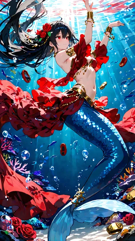 masterpiece, Highest Quality, Ultra Details, (Dynamic Configuration:1.2),
1 beautiful mermaid dancer, dark haired, red rose decoration in the hair, sharp passionate red eyes, glamorous red and black belly dancer costume, gold products, long flowing red clo...