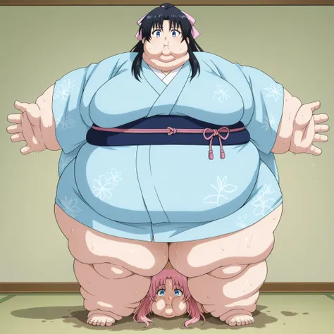 Kaoru Kamiya, Kaoru Kamiya,　 long hair, pink barrette ribbon , bangs, blue eyes, Thighs, Black Hair, light blue kimono ,　Navy blue Kimono obi , kimono, blank_stare, empty_stare,  fat, chubby, obese, gigantic arms and legs, large breasts, sweating, wet body...
