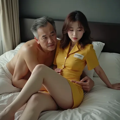 A pretty Japanese stewardess is laying on the bed, very bright white skin, brown spread hair, natural bang, wearing a yellow formal cabin attendant uniform, business uniform, tight short dress suit uniform with name tag, a woman is wearing a thick beige pa...