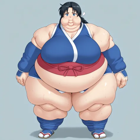 1girl, long hair, black hair, blue eyes, braid, ninja, sleeveless, obi, ribbon, shorts, arm warmers, leg wrap, tabi, blank_stare, empty_stare,  fat, chubby, obese, gigantic arms and legs, large breasts, sweating, wet body, swollen face, Fat_neck , Fat head...