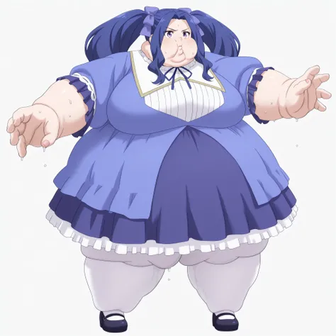 1girl, solo, meltyqm, blue dress, neck ribbon, hair bow, white pantyhose, mary janes, blank_stare, empty_stare,  fat, chubby, obese, gigantic arms and legs, large breasts, sweating, wet body, swollen face, Fat_neck , Fat head , eyes with crushed cheeks , n...