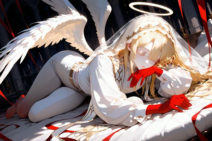 super detail, masterpiece, best quality, high resolution, 8k, ultra high anatomy, facial, only 1 boy, medium blonde hair, White lace veil, Red skin hand, very long Red nails, Pale face skin with matching pale white eyelashes, white shirts, white Cummerbund...