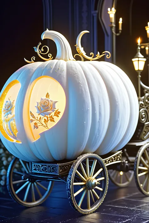 masterpiece, ultra detailed art of a gorgeous white pumpkin carriage, goth Renaissance, roses, sharp focus, extremely detailed illustration, approaching perfection, intricate details, ultra-high definition, 32k resolution, glimmer, ethereal, aesthetic, smo...