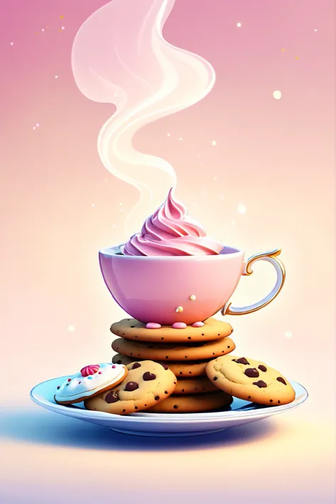 (masterpiece), (best quality), (ultra detailed), a cartoon illustration of luxury cookies and tea, aesthetic, fantasy, 12k resolution, pink undertones