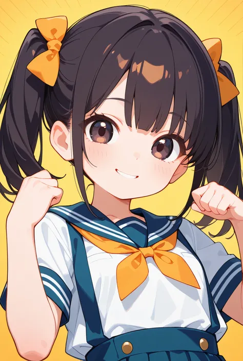 idol beautiful girl, Slender Body, Small Bust , dark hair color,twin tails, Smile Yan, School Uniforms, jump pose!