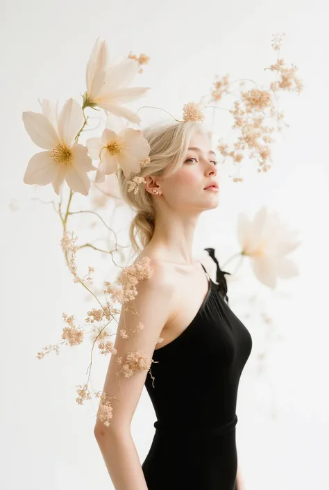 Minimalist fashion advertisement style banner featuring a realistic stylish female model, abstract floral patterns blended into the scene, white background with modern colors (black, beige, gold), elegant and sophisticated, subtle textures and shadows, pho...