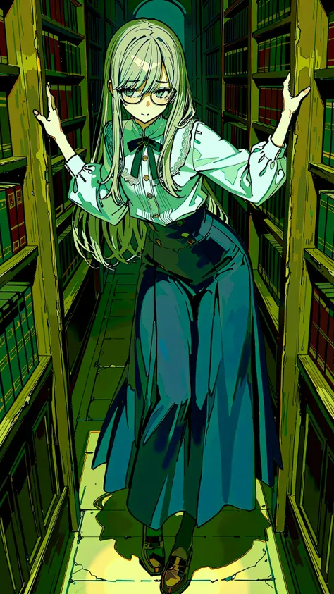 (masterpiece:1.2, Highest Quality), (exquisite painted beautiful eyes: 1.2), (beautiful detailed face, (kind eyes), (Nice_hand), close-up, Strict woman, Silver Hair, grey eyes, long hair, Glasses, practical clothing, buttons next to a metal bridge, high c...