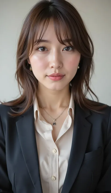 Neat Young Woman、looking at the camera、office lady suit、jacket、shirt、Ear piercings、 、、歯を見せた笑顔、face close-up、The background is office
