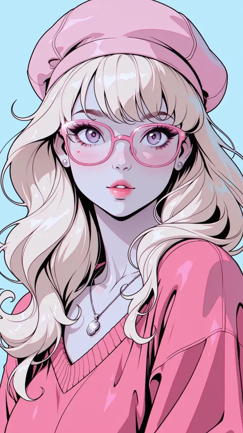  (TangoBat:0.7),(Sakimichan:0.7),A digitally rendered, stylized portrait of a woman with pale blonde wavy hair, wearing a pink cap, light-gold-rimmed glasses, and a pink sweater with a silver pendant, vibrant pink & light-gold color palette, a highly detai...