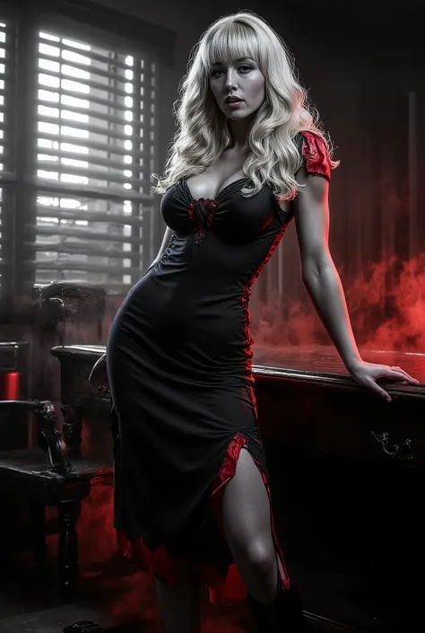 A cinematic noir-style scene inspired by Sin City, ultra-realistic. A confident blonde woman with long wavy hair stands beside a wooden desk in a dimly lit office. She wears a black fitted dress with red accents, exuding elegance and power. The room is ill...