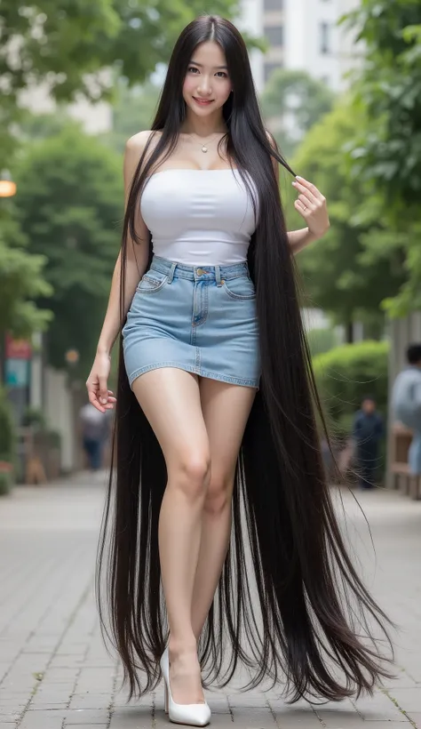 Ảnh cực kì rõ nét như thật. Very cute and young Asian girl with dimples.she is standing .She wears a very tight sleeveless and wireless white tube dress , matching tight denim miniskirts and white heels. She has the longest black hair .She has the longest ...