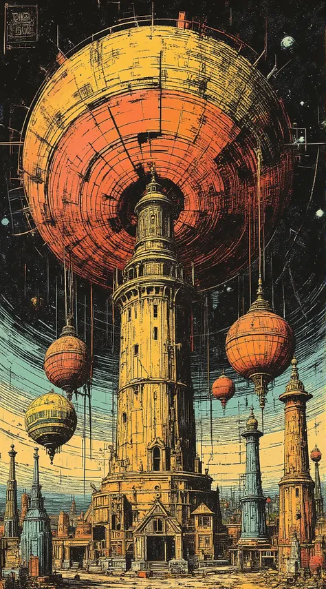 Avant-garde, Dr Seuss style, intersellar outerspace, glimpsing the singularity, create an image inspired by verse: vast and expansive appealing and gravitating gravitational pulling retro mixtape steampunk line hatched brush liner analog grain mythical fan...