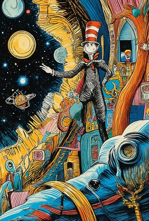 Avant-garde, Dr Seuss style, intersellar outerspace, glimpsing the singularity, create an image inspired by verse: vast and expansive appealing and gravitating gravitational pulling retro mixtape steampunk line hatched brush liner analog grain mythical fan...