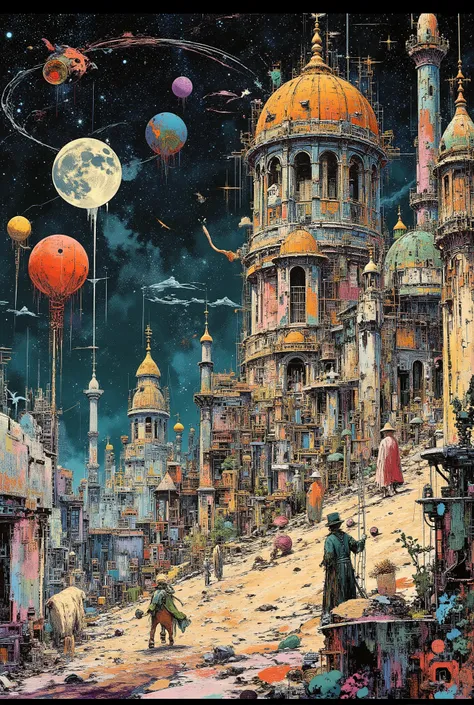 Avant-garde, Dr Seuss style, intersellar outerspace, glimpsing the singularity, create an image inspired by verse: vast and expansive appealing and gravitating gravitational pulling retro mixtape steampunk line hatched brush liner analog grain mythical fan...