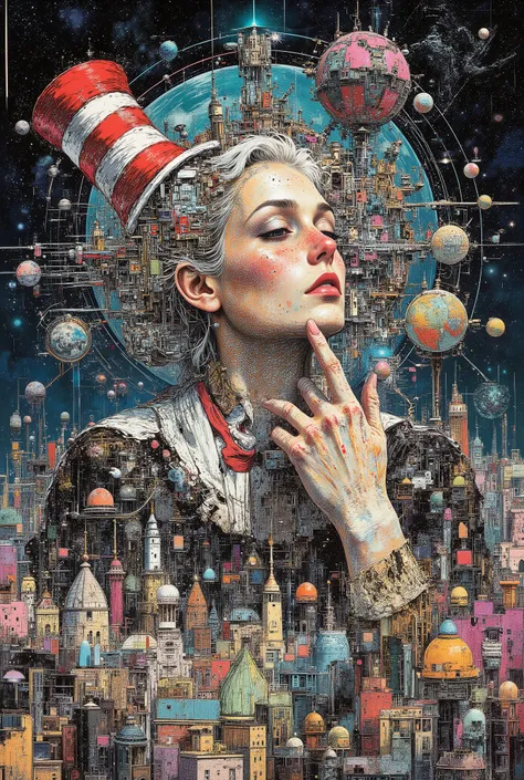 Avant-garde, Dr Seuss style, intersellar outerspace, glimpsing the singularity, create an image inspired by verse: vast and expansive appealing and gravitating gravitational pulling retro mixtape steampunk line hatched brush liner analog grain mythical fan...