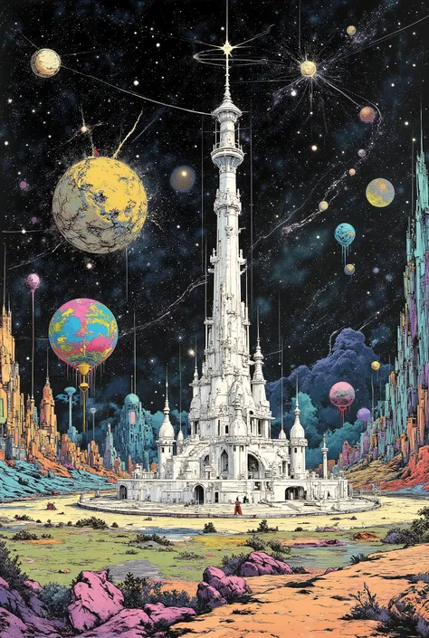 Avant-garde, Dr Seuss style, intersellar outerspace, glimpsing the singularity, create an image inspired by verse: vast and expansive appealing and gravitating gravitational pulling retro mixtape steampunk line hatched brush liner analog grain mythical fan...