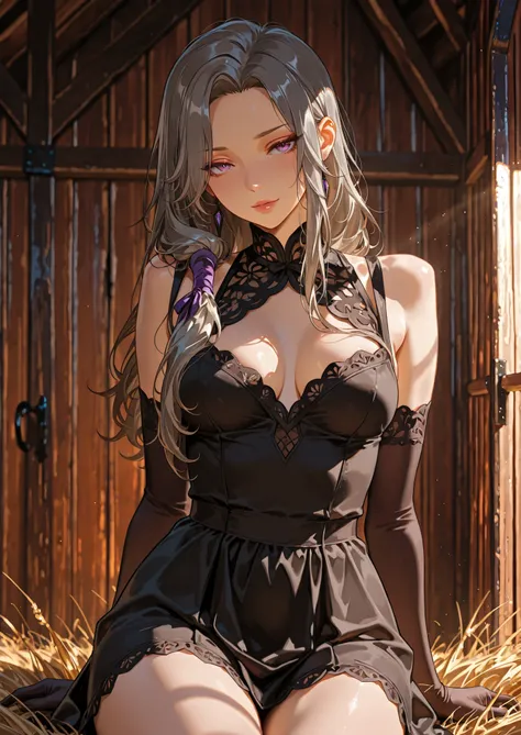 1girl, solo, vita clotilde, eiyuu densetsu, dark gray hair, black dress, short dress, naturally sagging medium breasts, elbow gloves, sitting on hay, barn, medieval fantasy farm, seductive, sexy pose, alluring atmosphere, cinematic lighting and shadows, be...