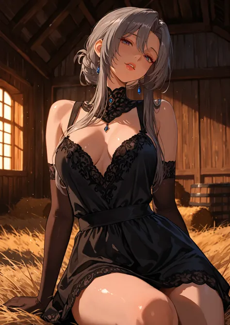 1girl, solo, vita clotilde, eiyuu densetsu, dark gray hair, black dress, short dress, naturally sagging medium breasts, elbow gloves, sitting on hay, barn, medieval fantasy farm, seductive, sexy pose, alluring atmosphere, cinematic lighting and shadows, be...