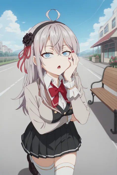 school uniform, grey jacket, open jacket, long sleeves, red bowtie, white shirt, collared shirt, buttons, black vest, pleated skirt, white thighhighs, black loafers,alisa mikhailovna kujou, long hair, silver hair, ahoge, crossed bangs, red hair ribbon, sid...