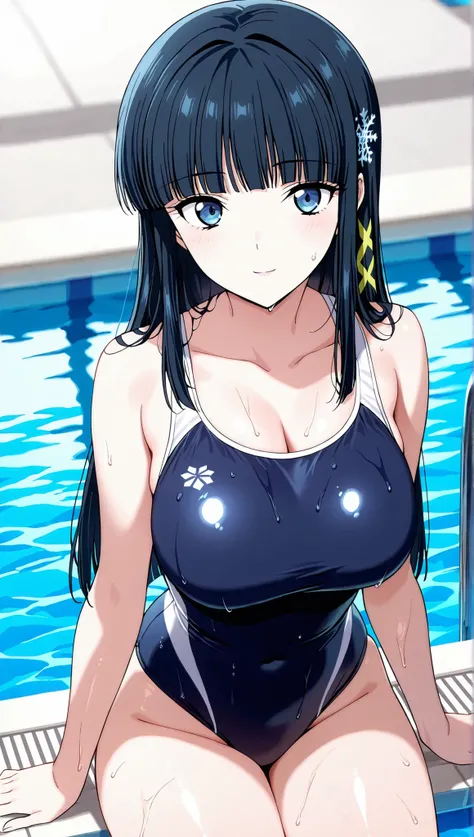[[miyuki250219]],1lady, beauty, glossy lips,Rouge,detail eyes,dynamic angle,from below,(poolside:1.3),anime,

shiba miyuki, black hair,long hair, blunt bangs, eyebrows visible through hair, blue eyes, snowflake hair ornament, (yellow x hair ornament:1.3),s...