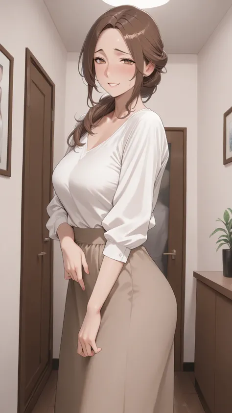 masterpiece, Highest Quality, mature女, mature, Housewife, naughty face, brown hair, chignon hair, hair between eyebrows, brown eyes, medium chest, white shirt, long brown skirt, standing in the living room, high resolution, Extremely High Image Quality, 