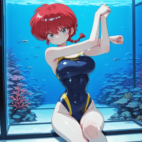 (masterpiece), (best quality), (8K), (good anatomy), 1girl,pose in aquarium,ranma-chan, ranma 1/2,small girl,petit, red hair, grey eyes, large breasts,narrow waist,very cute, swimmwear,nice legs,
