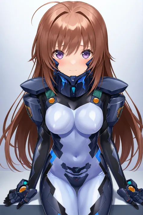 bluetype99fortifiedsuit, fortified suit, pilot suit, armored bodysuit, impossible bodysuit, skin tight, blue bodysuit, shiny clothes, chin guard, score_9, score_8_up, score_7_up, source_anime, cute anime girl,masterpiece, best quality, delicate illustratio...