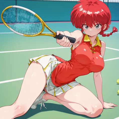 (masterpiece), (best quality), (8K), (good anatomy), 1girl,pose in tennis venue,ranma-chan, ranma 1/2,small girl,petit, red hair, grey eyes, large breasts,narrow waist,very cute, tennis clothes skirt,nice legs,