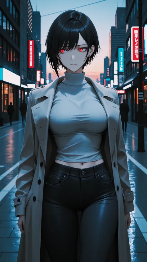 High Quality, masterpiece, Ultra High Definition, Cool Beauty, short hair, Sharp Eyes, slim figure visible to the navel, high neck sweater, tight jeans, long coat, stylish, FASHION MODELS, Urban Atmosphere, staring into the distance, Confident Expression, ...