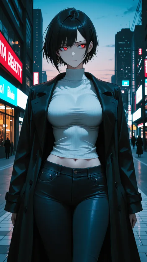 High Quality, masterpiece, Ultra High Definition, Cool Beauty, short hair, Sharp Eyes, slim figure visible to the navel, high neck sweater, tight jeans, long coat, stylish, FASHION MODELS, Urban Atmosphere, staring into the distance, Confident Expression, ...