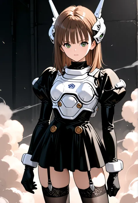 high resolution, ultra detail, very aesthetic, Highest Quality, ((white headgear2)), black dress, puffy_sleeves, white chest armor, black gloves, skirt, garter_straps, black_thighhighs, a girl ,16 years old, solo,
brown hair, (medium hair), (Straight Hair...