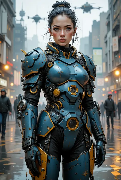 A naturally beautiful officer with green eyes and pale freckles, armored in bulky segmented plating colored matte steel blue with bright gold trim. Her busty breastplate gleams with lacquer, reinforced by hex-bolt seams. Cables and straps cinch thigh and h...