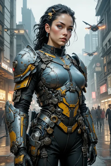 A naturally beautiful officer with green eyes and pale freckles, armored in bulky segmented plating colored matte steel blue with bright gold trim. Her busty breastplate gleams with lacquer, reinforced by hex-bolt seams. Cables and straps cinch thigh and h...