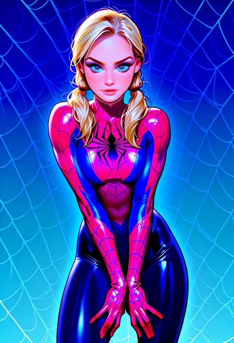 a woman in a spider - man suit is posing for a picture, spiderwoman!!!!!, spiderwoman!!, (cameron diaz:1.2) as spiderman, spider woman, ( ( spiderwoman ) ), long blonde pigtails, super hero pose, awesome pose, wearing tight suit, spiderman, spiderman!!, po...