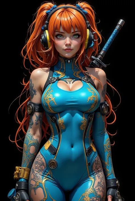 mecha art, ultra detailed,complex art,Wide shot, black background, random, surprising, and sensual poses.
A futuristic warrior with an urban, mystical cyberpunk aesthetic. She has orange-red hair, two bows tied on the sides of her head, very long, wavy ha...