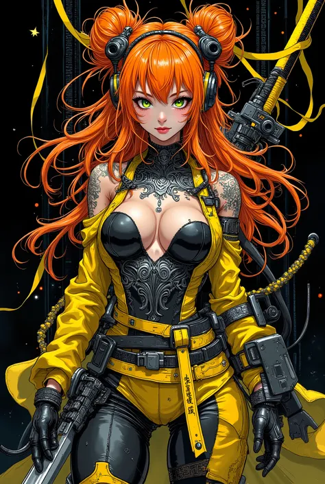 mecha art, ultra detailed,complex art,Wide shot, black background, random, surprising, and sensual poses.

A futuristic warrior with an urban, mystical cyberpunk aesthetic. A warrior of European ethnicity. A beautiful warrior with orange-red hair and a bun...