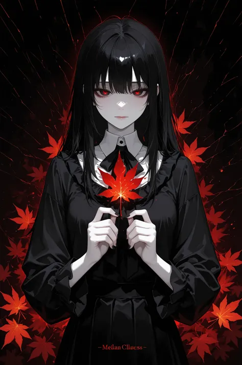 748cmstyle, abstract style, artistic, Mysterious young woman with pale skin and messy black hair, half face hidden in deep shadows, holding fractured glass shard. Glass fragments scatter into glowing white and red maple leaves dissolving into abstract patt...