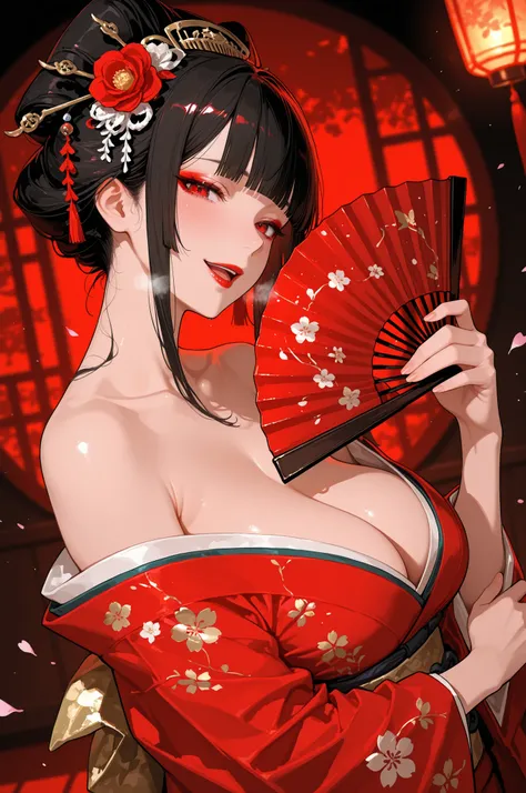 1girl,solo,beautiful face, perfect eyes, detailed eyes,mature female,
upper body, ,from side,dutch angle,
black hair, blunt bangs, long hair,straight hair,hime cut, hair ornament, kanzashi, updo,
red eyes,
large breasts,collarbone,heavy breathing, motion ...