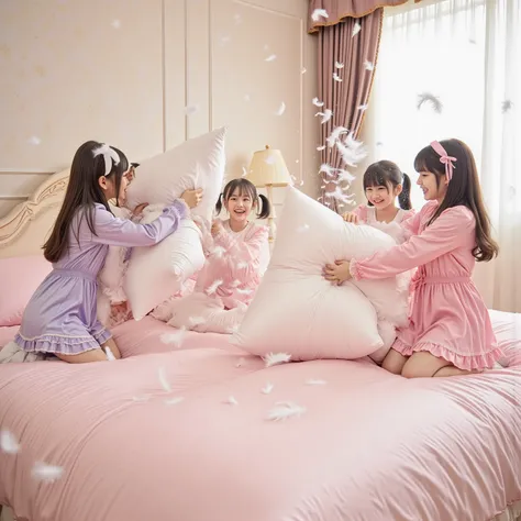 A group of little Japanese girls are having a lively pillow fight on a huge soft bed. They are wearing cute pastel-colored pajamas. Feathers burst and float beautifully through the air as they hit each other with pillows. The bed shakes with movement, and ...