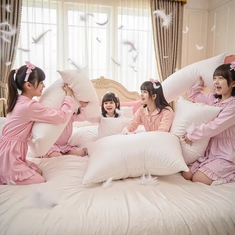 A group of little Japanese girls are having a lively pillow fight on a huge soft bed. They are wearing cute pastel-colored pajamas. Feathers burst and float beautifully through the air as they hit each other with pillows. The bed shakes with movement, and ...